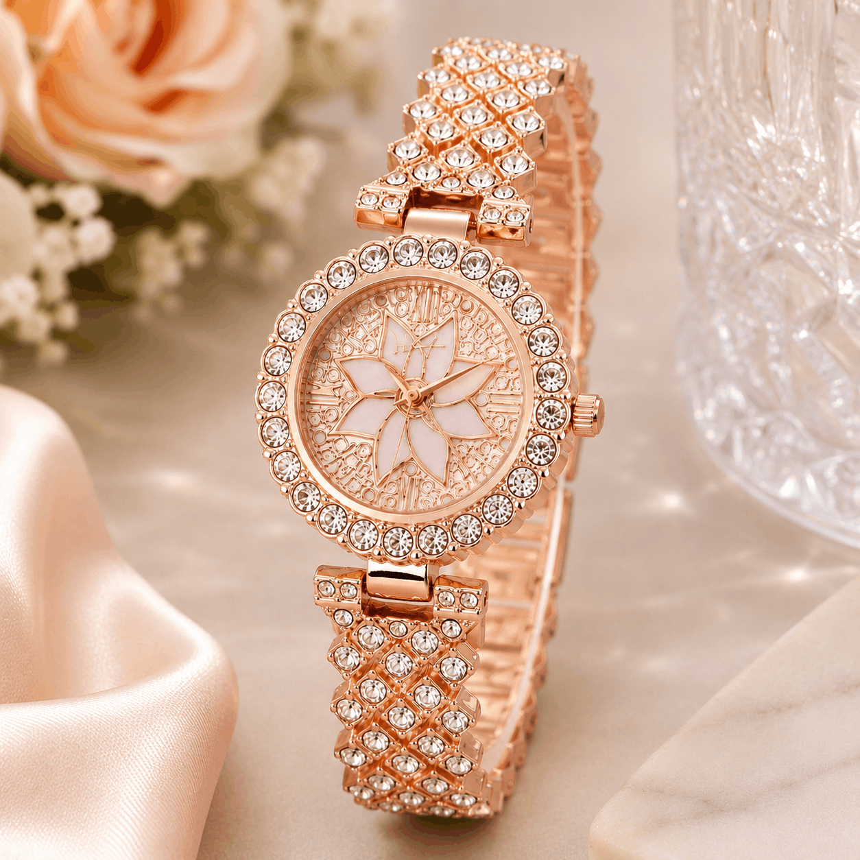 Luxury Floral Crystal Quartz Wrist Watch for Women โ Rhinestone Bracelet Analog Fashion Wristwatch for Daily Wear, Party & Gift - Image 3