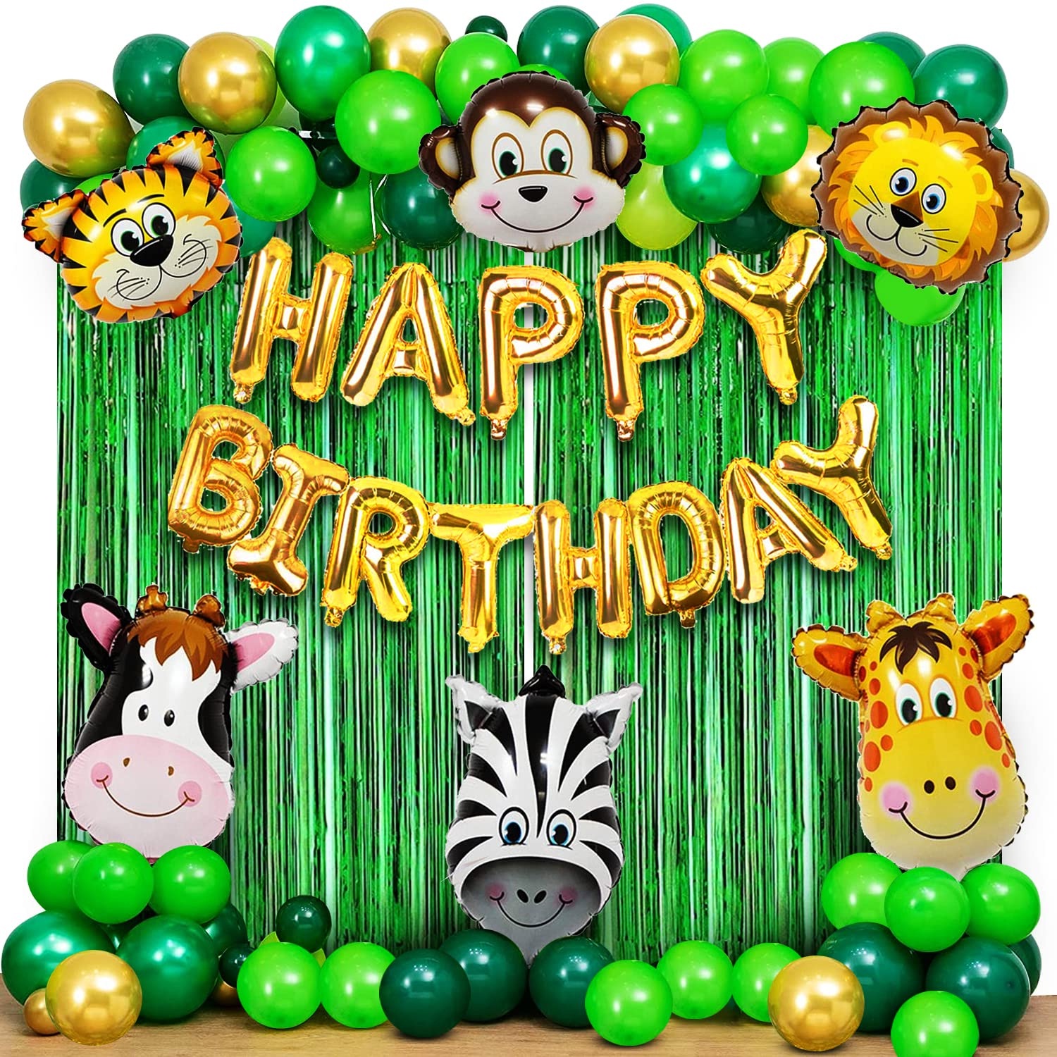Jungle Theme Birthday Party Decoration Set 50 Pcs for Kids Boys & Girls โ Animal Safari Birthday Balloon Combo with Happy Birthday Banner, Foil Curtains & Number Balloon