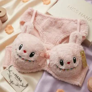 Labubu Style Cute Double Padded Bra & Panty Set for Women – Soft Wool Material, Comfortable Lingerie Set (Random Color)