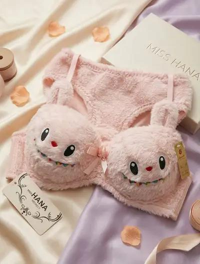 Labubu Style Cute Double Padded Bra & Panty Set for Women โ Soft Wool Material, Comfortable Lingerie Set (Random Color)