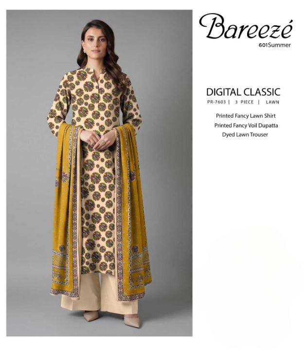 Bareeze Digital Classic 3 Piece Printed Lawn Suit โ Shirt, Voil Dupatta & Trouser