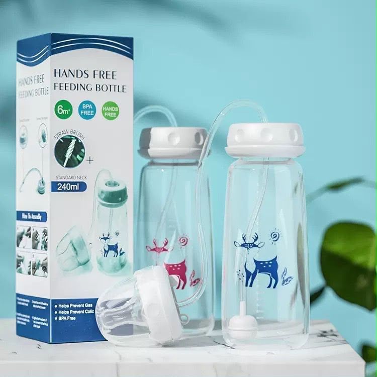 Hands-Free Baby Feeding Bottle 240ml โ Anti-Colic Nursing System with Silicone Straw & Soft Nipple - Image 3