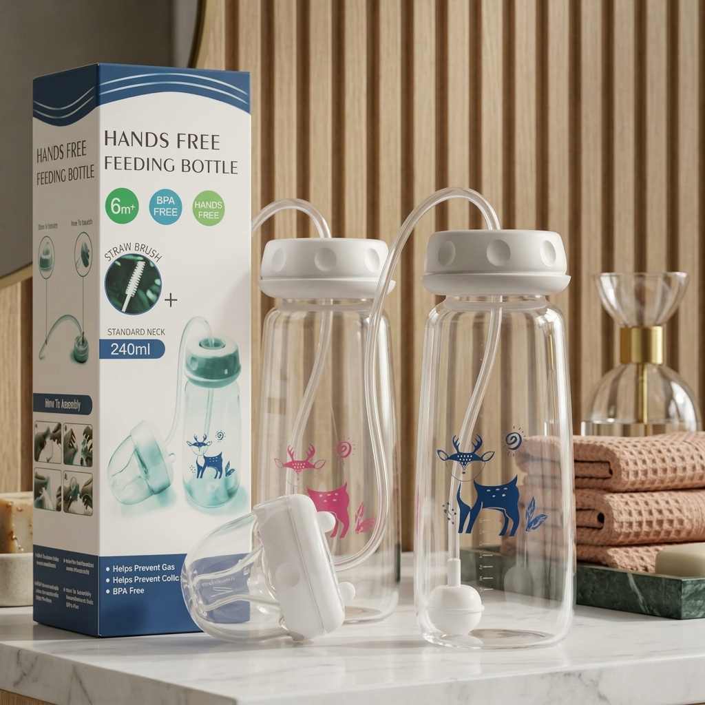 Hands-Free Baby Feeding Bottle 240ml โ Anti-Colic Nursing System with Silicone Straw & Soft Nipple - Image 2