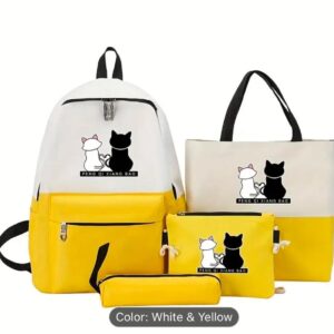 Cute Cat Print 4-in-1 School Bag Set for Girls – Backpack, Handbag, Crossbody Pouch, Pencil Case & Lunch Bag Stylish Combo