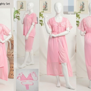 6 PCs Bridal Satin Nighty Set with Matching Thong & Bralette Free Size