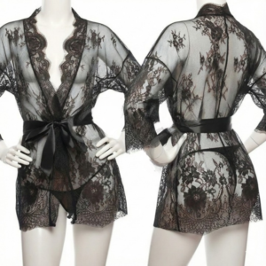 Single Pcs Women’s Net Transparent Sheer Lace Robe Gown – Long Sleeve Free-Size Nightwear With Satin Belt For Elegant And Stylish Comfort (DC-1051)