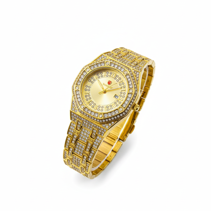 Luxury Gold Diamond-Studded Wrist Watch – Premium Designer Style Quartz Watch for Men & Women (Without Box) - Image 2