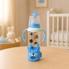 Premium 240ml Baby Feeder Glass Bottle with Handles | Anti-Colic Regular Nipple & Cute Cartoon Protective Silicone Sleeve | 4 Attractive Colors (3M+)