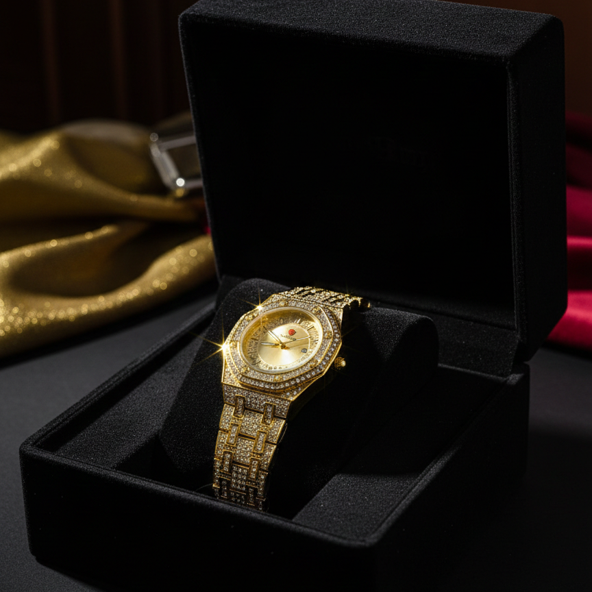 Luxury Gold Diamond-Studded Wrist Watch – Premium Designer Style Quartz Watch for Men & Women (Without Box) - Image 3