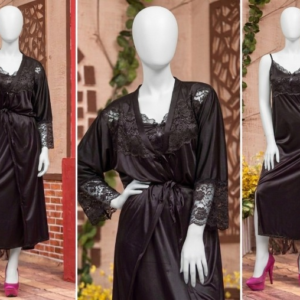 2 Pcs Luxury Satin & Lace Robe Nighty Set – Sensual Silk Gown for Women SKU R-003 Free Size