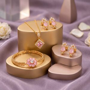 Latest Pink Crystal Gold Plated Jewelry Set Design 2026 | Stylish Pendant Set