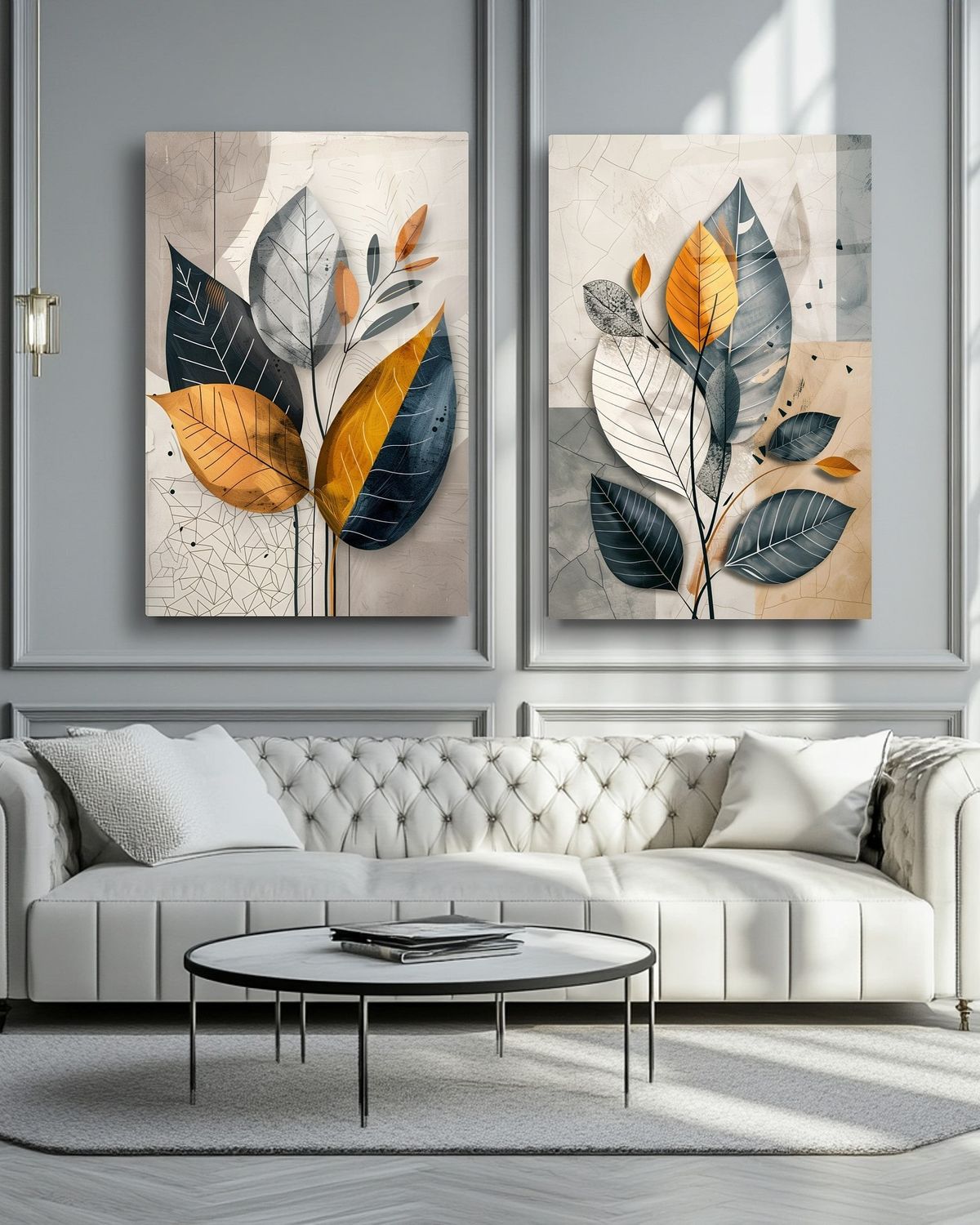 Modern 2-Piece Abstract Flower Wall Frame Set โ Navy, Mustard & Gray Leaf Designs