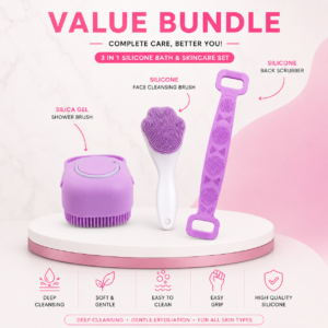 3 in 1 Silicone Bath & Skincare Value Bundle โ Shower Brush, Back Scrubber & Face Cleansing Brush Set