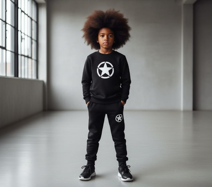 Kids Star Printed Black & Black Tracksuit Set | Winter Fleece Sweatshirt & Trouser Outfit for Boys & Girls – Warm & Trendy FOR BABY AND KIDS - Image 3