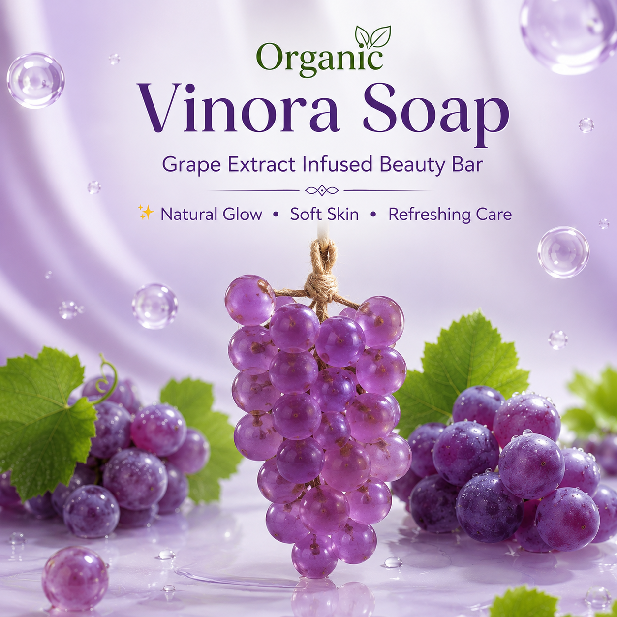 Instant Glow Organic Vinora Grapes Soap โ Grape Extract Beauty Bar for Glowing, Soft & Hydrated Skin | Antioxidant-Rich Handmade Soap for Face & Body