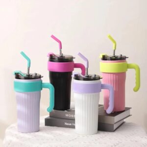 40oz Thermos Travel Mug with Handle, Leakproof Lid & Stainless Steel Straw โ Double Wall Insulated Hot & Cold Tumbler - Random Color