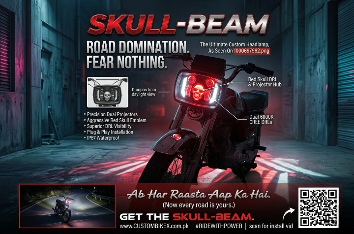 Premium Skull Headlamp for Honda CD70 & CG125 โ Aggressive Red Skull DRL with Dual LED Projectors - Image 2