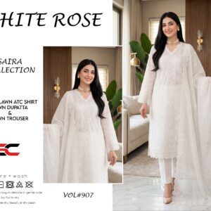 3 Pc Saira Collection White Rose Lawn Suit Vol 907 Premium Quality Fabric Elegant Design Comfortable Stylish Practical Choice For Casual And Semi Formal Wear