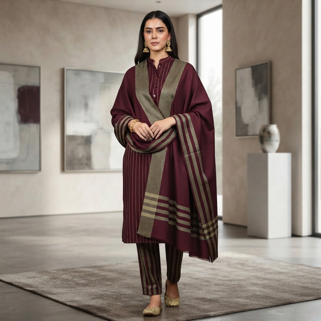 3-Piece Suit Unstitched Sussi Marina - Apparel Accessory Designed For Fashion Styling And Daily Wardrobe Routine - Maroon - Image 2