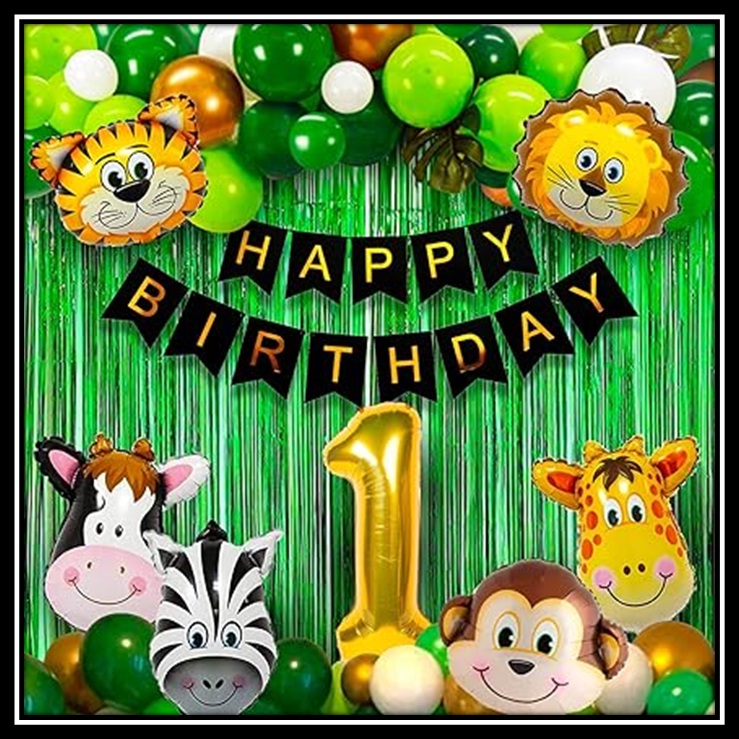 Jungle Theme Birthday Party Decoration Set 52 Pcs โ Animal Safari Birthday Decorations for Kids Boys & Girls with Balloons, Foil Curtains & Happy Birthday Banner