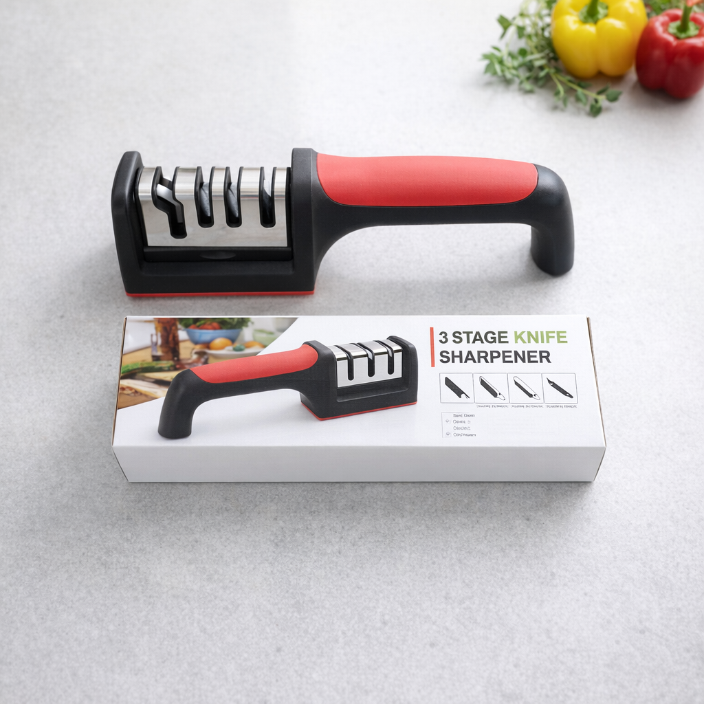 Professional 3-Stage Kitchen Knife Sharpener | Manual Sharpening Tool for Steel & Ceramic Knives | Ergonomic Handle & Non-Slip Base for Effortless Grip - Image 2