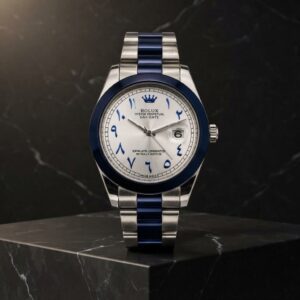 Premium Luxury Arabic Dial Watch | Elegant Stainless‑Steel Strap With Blue Accents & Date Display