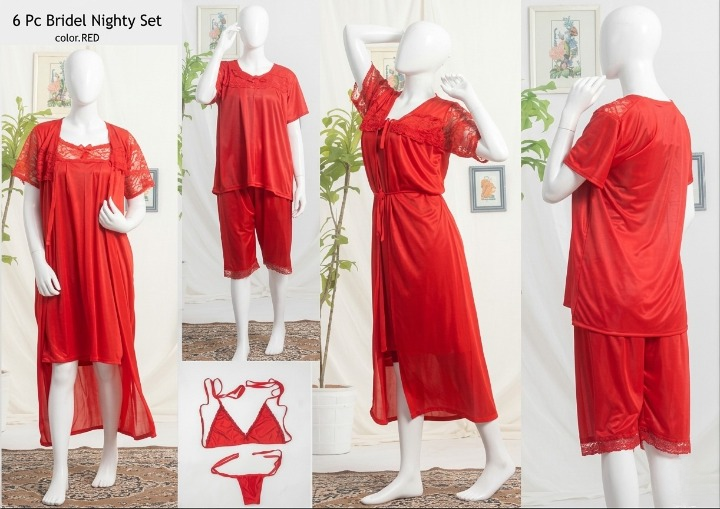 6 PCs Bridal Satin Nighty Set with Matching Thong & Bralette Free Size - Image 2