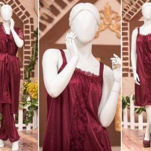 3 Pcs Premium Silk Satin Nightwear Set with Lace Trim for Women – Camisole, Shorts & Robe | Free Size