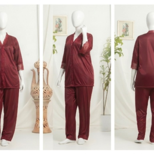 Women’s Luxury Silk Satin Pajama Set with Elegant Lace Trim SKU  R-010  Free Size