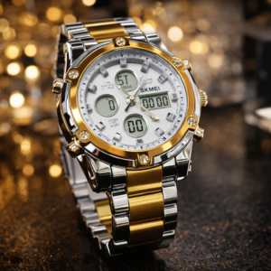 SKMEI 1389 Men’s Digital Analog Business Watch – Two-Tone Gold & Silver Stainless Steel Chronograph with Matte White Dial - without box