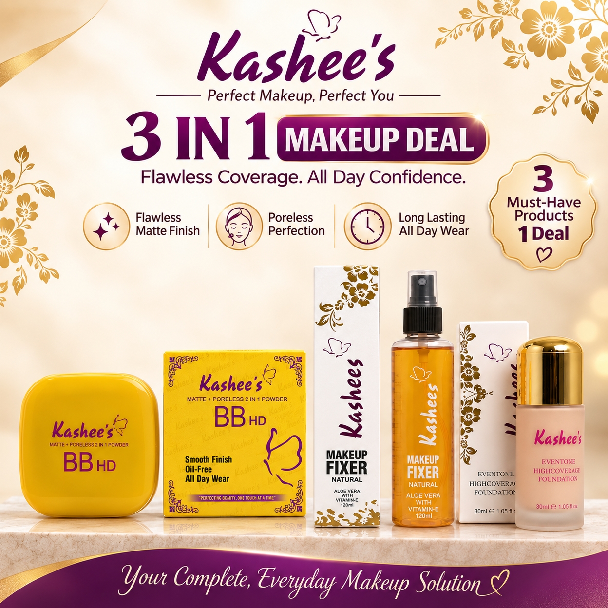 Kashee's 3 In 1 Foundation, Fixer And 2 In1 Face Powder Deal, Pack Of 3