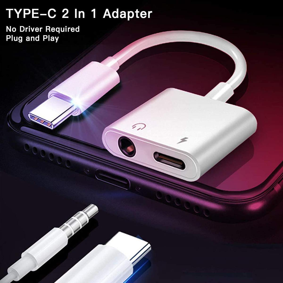 USBType C to 3.5mm Audio Adapter With Charging Port 2 in 1 Dual Port Aux Headphone Jack Connector For Type-C Models | Earphone Converter Aux Cable With Type-C Charging Jack Headset Splitter Music Converter - High Quality - Image 3