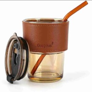 Reusable Coffee Mug with Straw โ Leakproof Lid & Heat-Resistant PU Leather Sleeve for Hot & Cold Drinks (300ml)