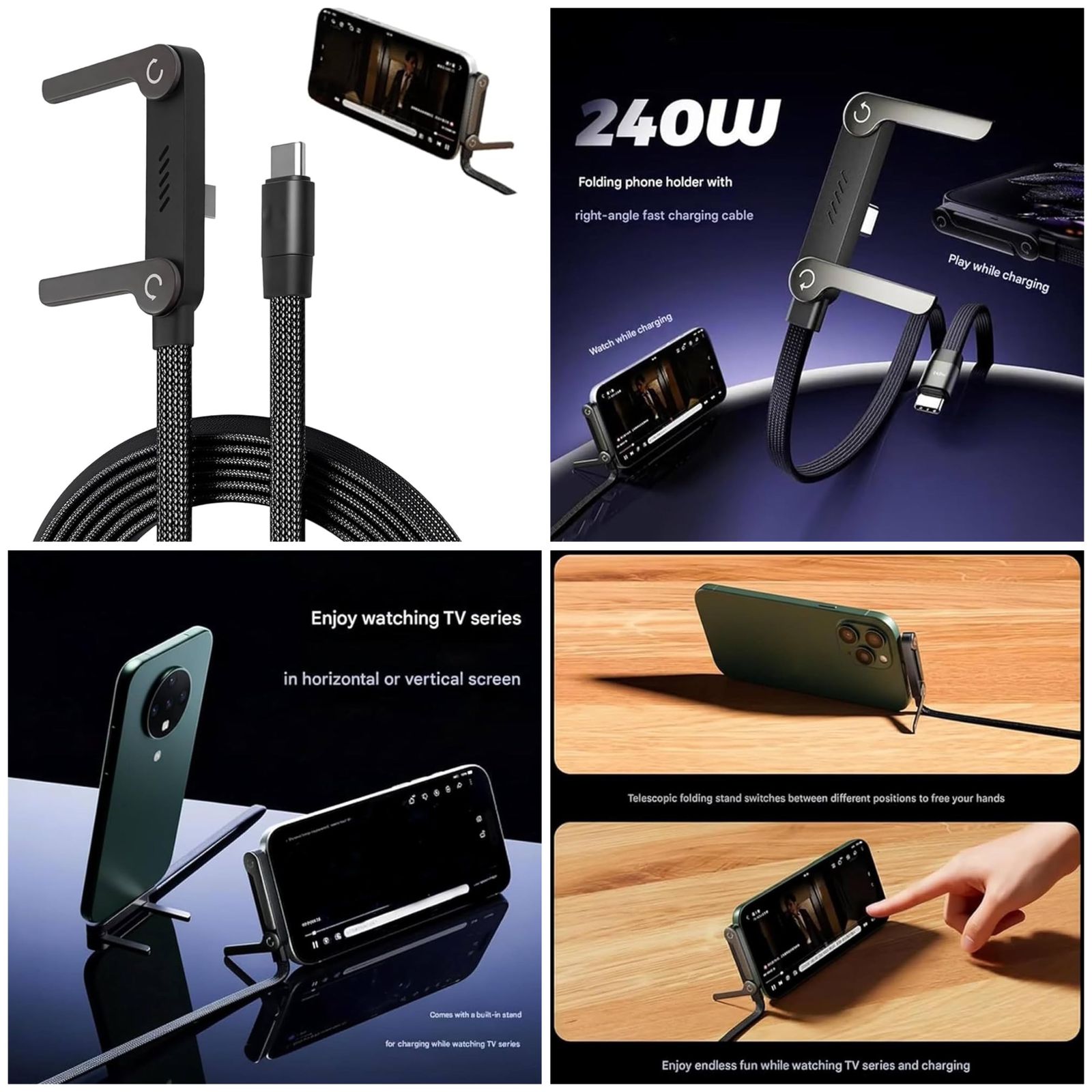 2-In-1 Data Charging Cable With Stand | Nylon Braided USB C To USB C Cable 1.5M | 240W Fast Charging Cable Cord For Smartphones, Tablets & Laptops