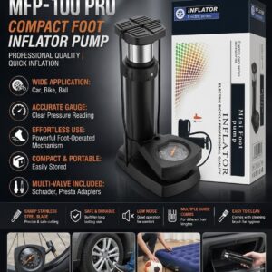 MFP-100 PRO Compact Foot Inflator Pump With Pressure Gauge And Multi-Valve Adapters For Cars, Bikes, Balls And Inflatables (Random Color)