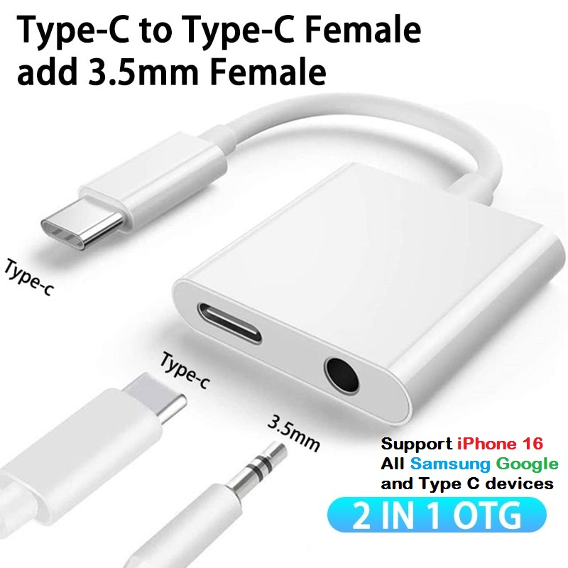 USBType C to 3.5mm Audio Adapter With Charging Port 2 in 1 Dual Port Aux Headphone Jack Connector For Type-C Models