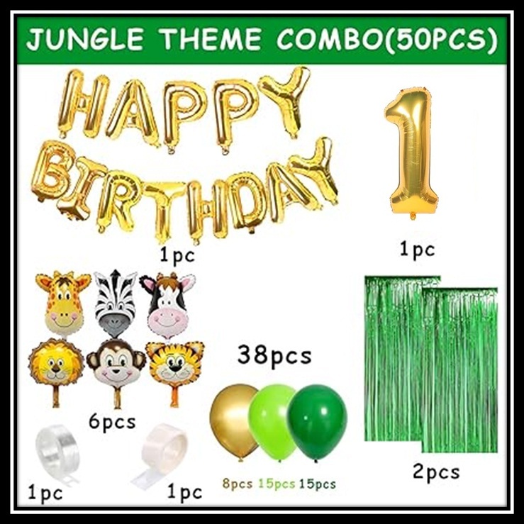 Jungle Theme Birthday Party Decoration Set 50 Pcs for Kids Boys & Girls โ Animal Safari Birthday Balloon Combo with Happy Birthday Banner, Foil Curtains & Number Balloon - Image 7