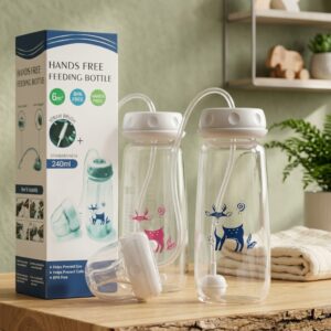 Hands-Free Baby Feeding Bottle 240ml – Anti-Colic Nursing System with Silicone Straw & Soft Nipple
