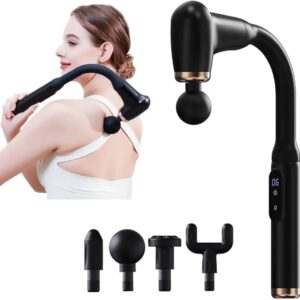 Long-Handle Fascial Gun Massager โ Ergonomic Percussion Massage Tool with 4 Interchangeable Heads โ Rechargeable Full Body Muscle Relaxer