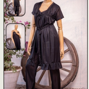 Luxury Silk 3-Piece Nightwear Set for Women – Free Size – Premium Satin Robe & Pajama Suit (SKU: R-015)