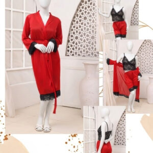 Women's Luxury Silk Nightwear Set with Black Lace – 3 Piece Robe & Slip Dress SKU R-011 Free Size