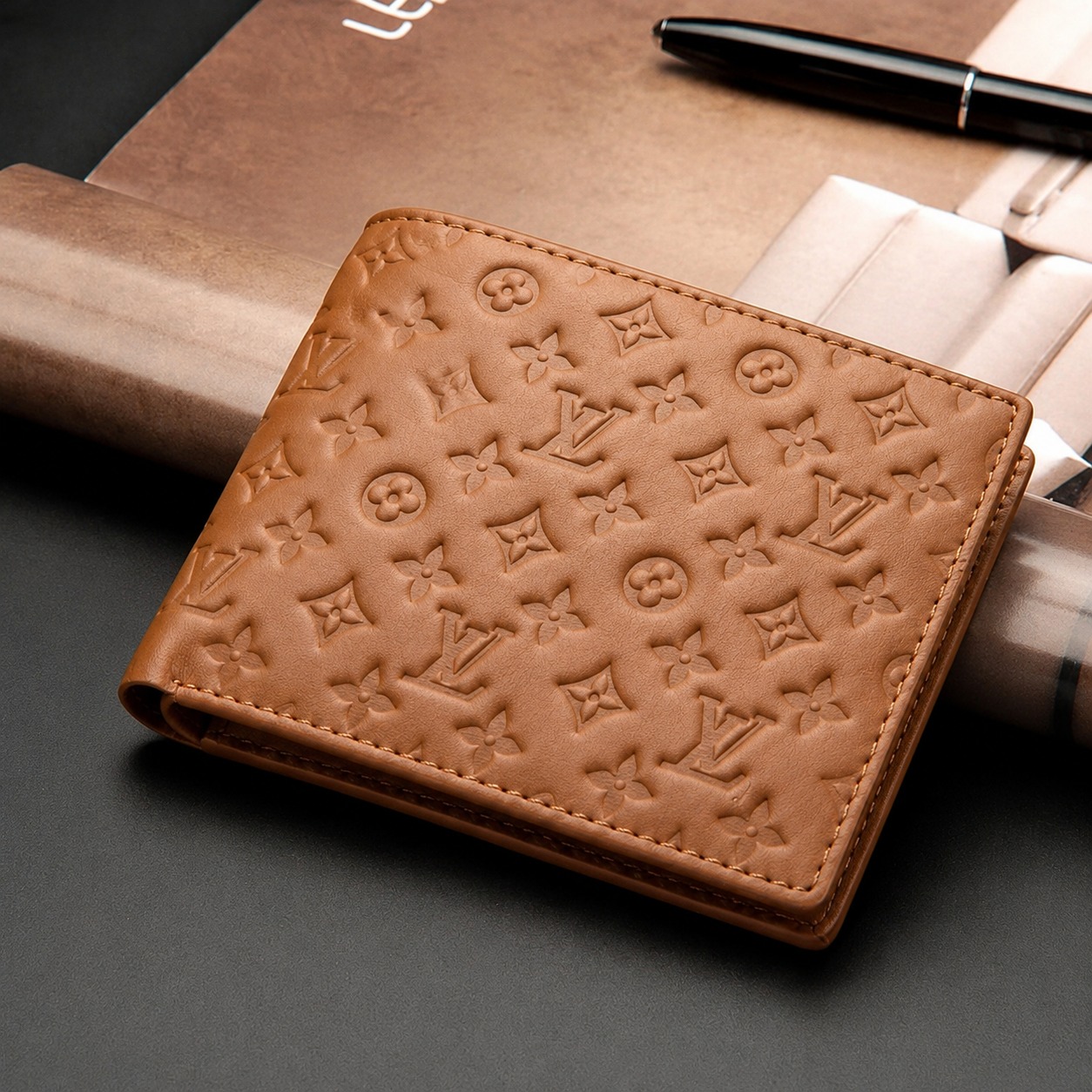 Men's Genuine Leather Bifold Wallet with Gift Box | Monogram Pattern RFID Card Holder Pocket Friendly Wallet