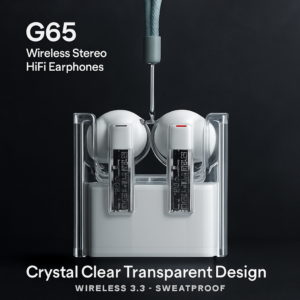 G65 Wireless Stereo HiFi Earphones โ Bluetooth 5.3, Transparent Design, ANC, Sweatproof, Built-in Microphone, 7-Hour Battery