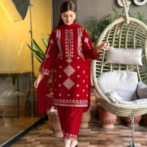 3 Pcs Women's Stitched Cotton Embroidered Suit