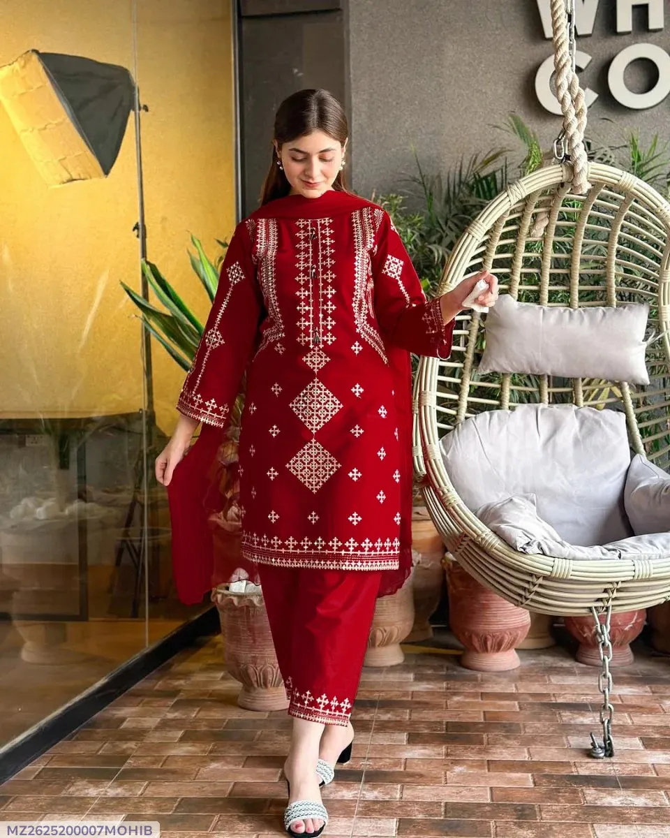 3 Pcs Women's Stitched Cotton Embroidered Suit