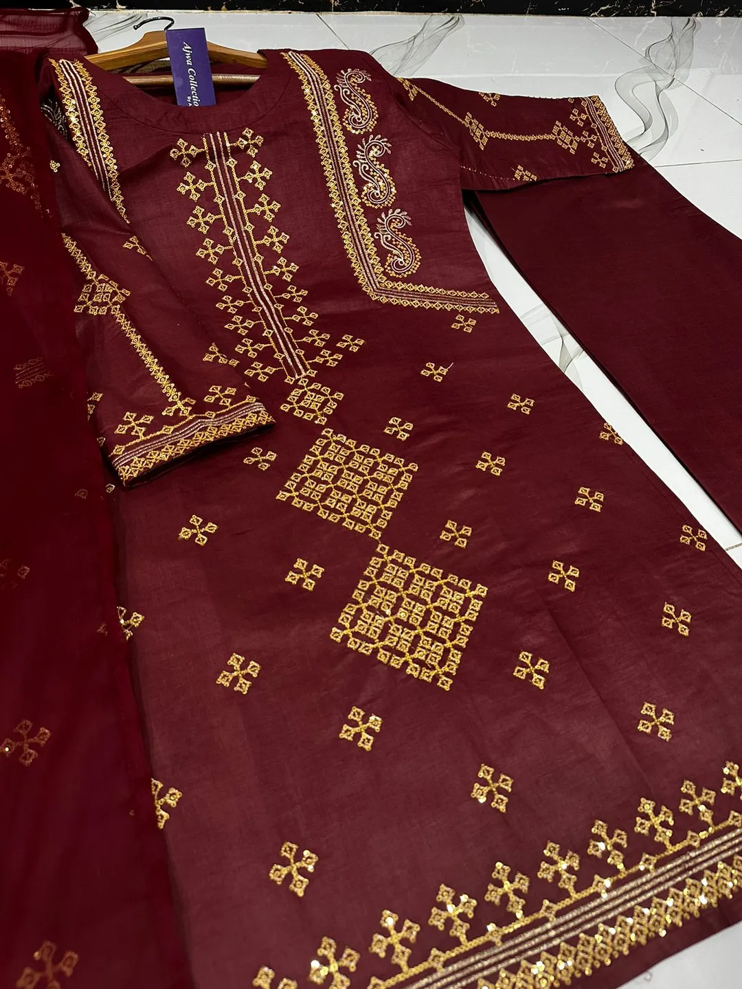 3 Pcs Women's Stitched Cotton Embroidered Suit - Image 5