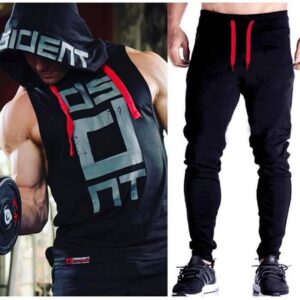 Black Gym Sleeveless Hood Tracksuit - Black Gym Sleeveless Hood Summer Tracksuit - Ready to Wear 2-Piece Set | Men's Sports & Jogging Wear