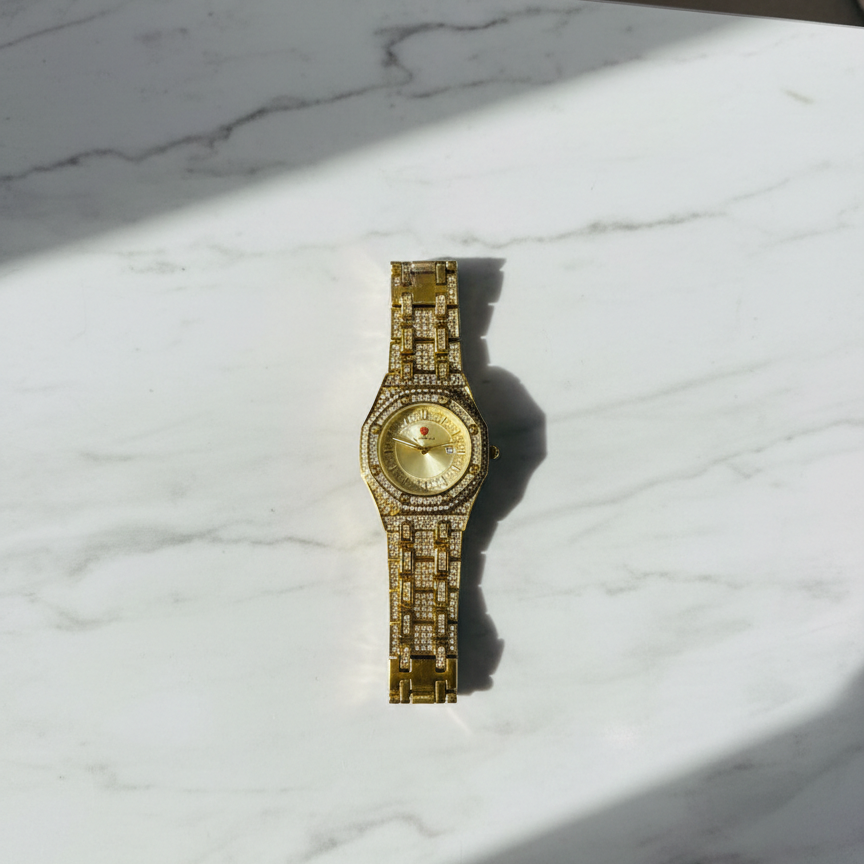 Luxury Gold Diamond-Studded Wrist Watch – Premium Designer Style Quartz Watch for Men & Women (Without Box) - Image 4
