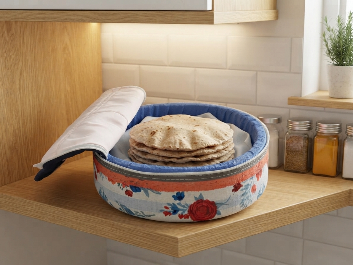 Floral Fabric Roti Box โ Insulated Nan Keeper with Zipper Closure