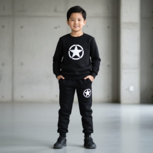 Kids Star Printed Black & Black Tracksuit Set | Winter Fleece Sweatshirt & Trouser Outfit for Boys & Girls β Warm & Trendy FOR BABY AND KIDS